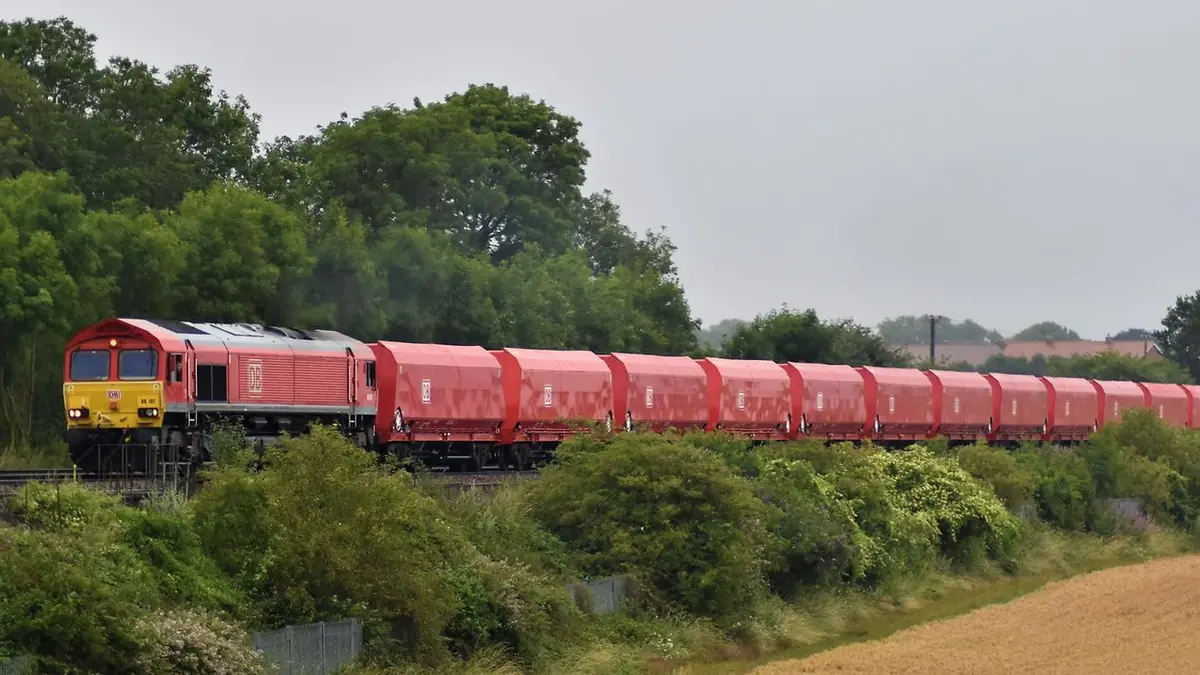 DB Cargo UK Class 66 locomotive hauling a freight train