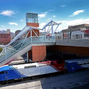 FrontRunner commuter train at North Temple Bridge station in Salt Lake City, Utah