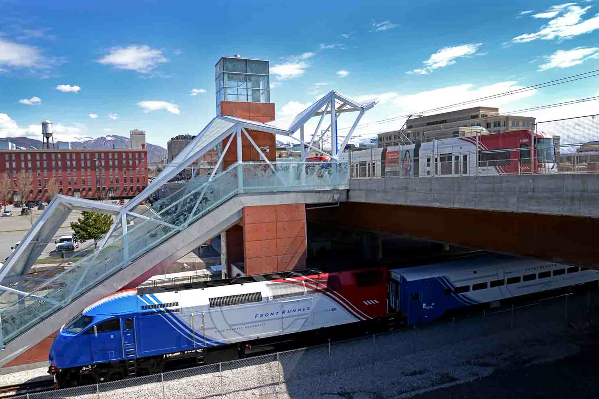 FrontRunner commuter train at North Temple Bridge station in Salt Lake City, Utah