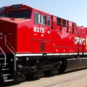 CPKC locomotive 9375 in the railway’s red livery