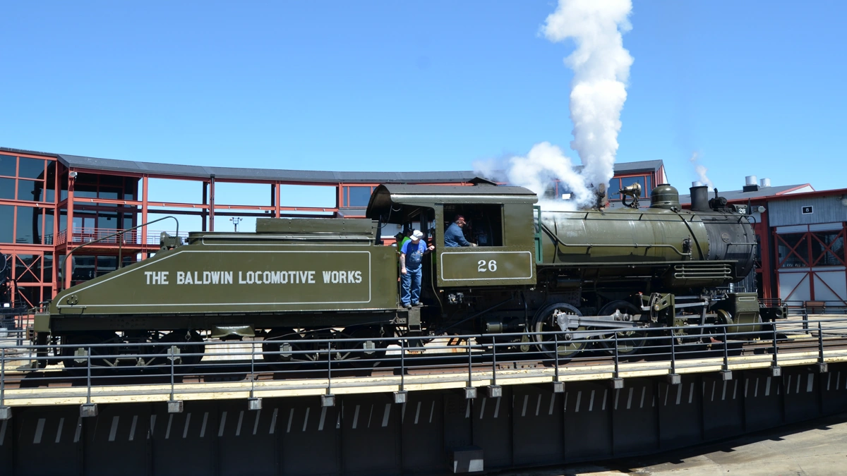 Steamtown’s Baldwin Locomotive Works No. 26 under steam on the turntable in Scranton
