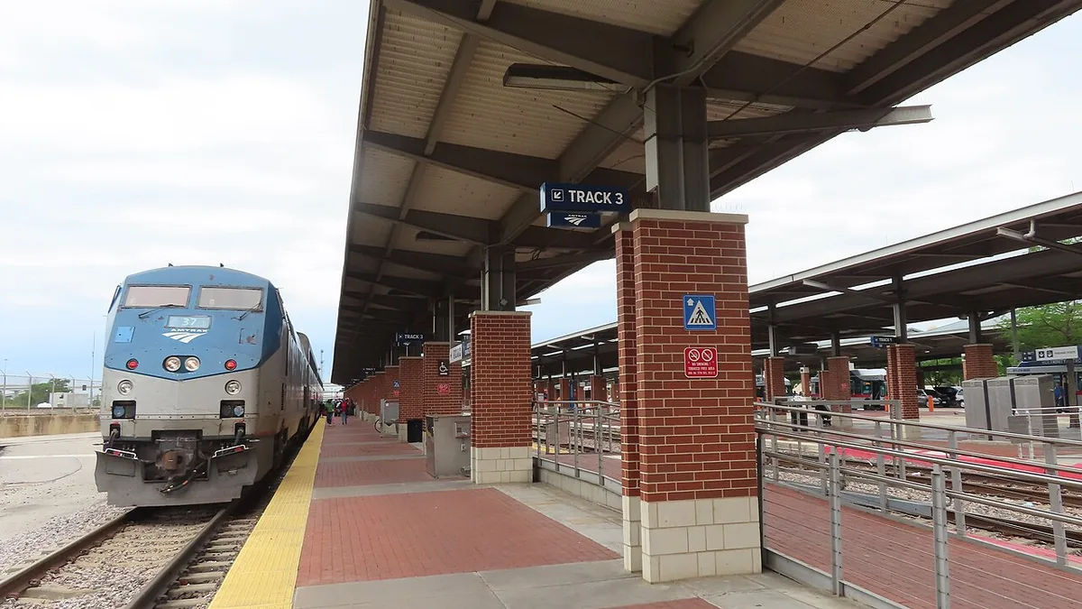 Amtrak Heartland Flyer train beside a platform at Fort Worth Central Station