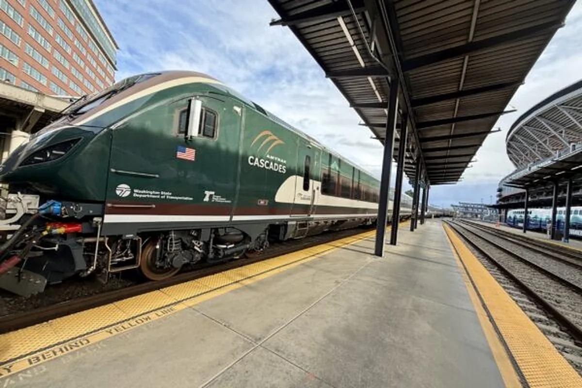 New Amtrak Cascades Airo train at a Seattle station platform