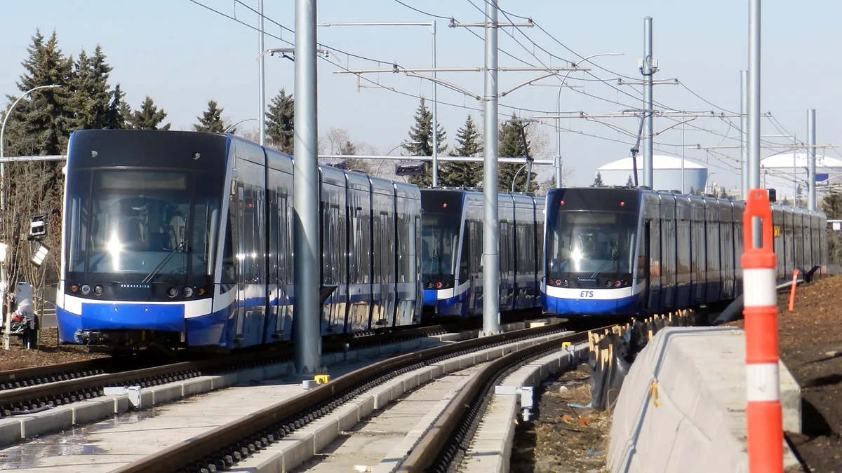 Edmonton Valley Line light rail vehicles during testing