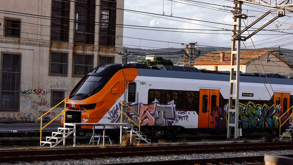 Renfe Class 452 high-capacity train during testing near Mataró