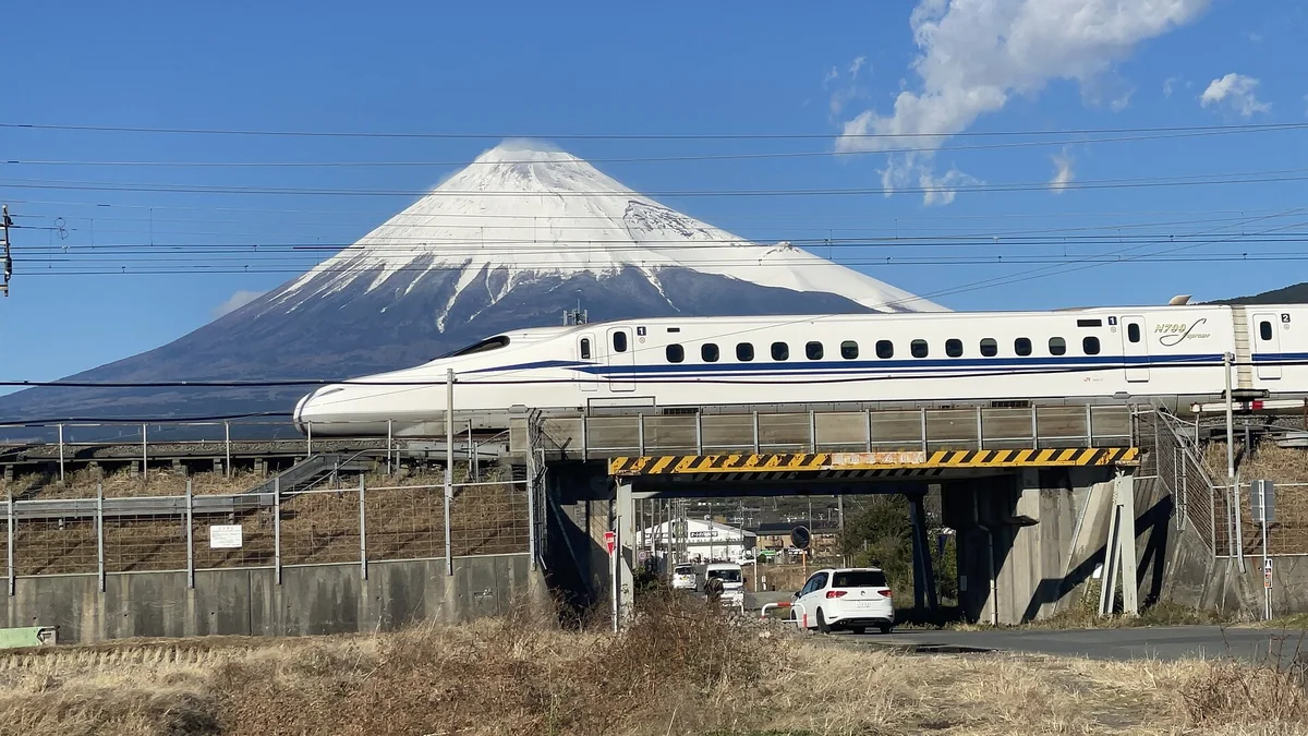 Tokaido Shinkansen train with Mount Fuji in the background