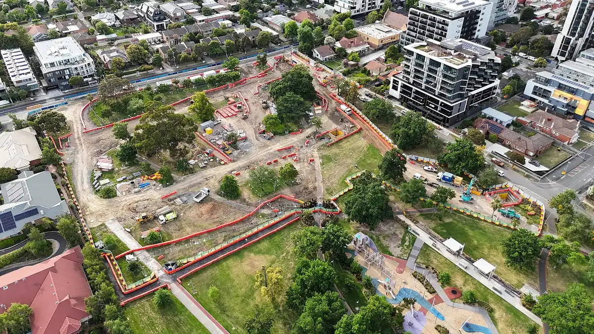 Aerial view of Suburban Rail Loop East works in Box Hill Gardens