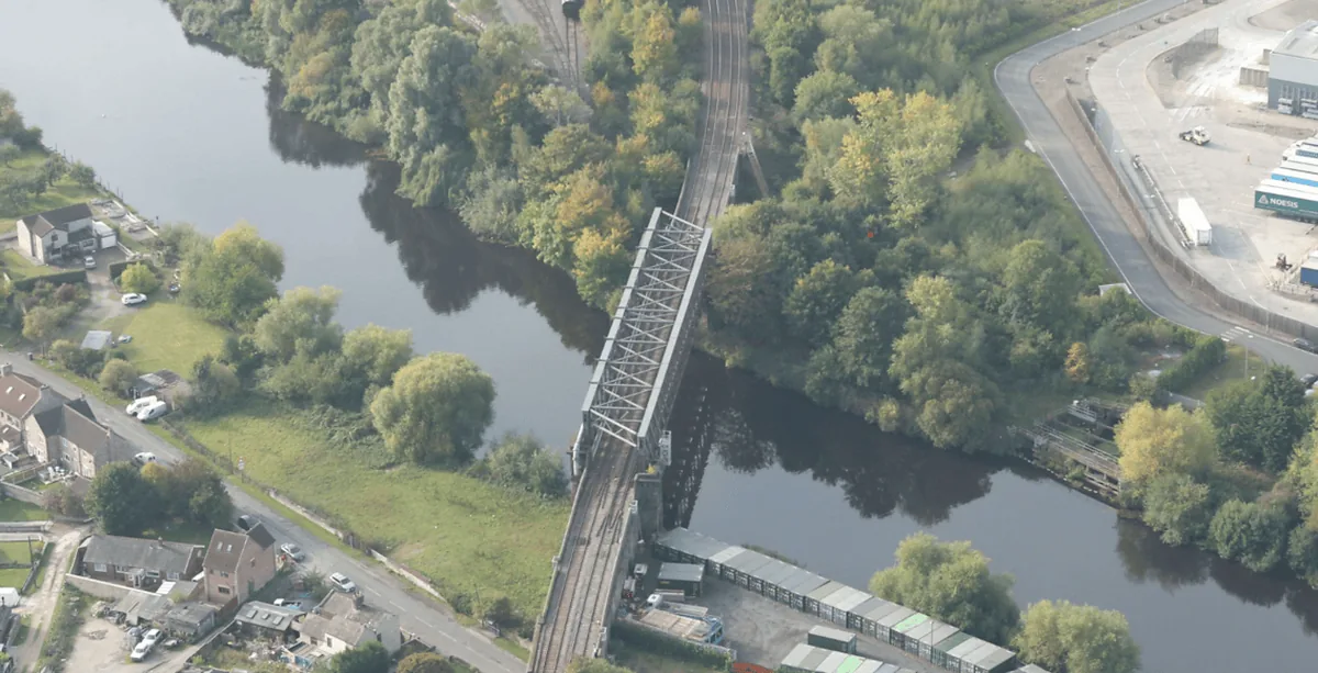 Aerial view of Brotherton Bridge across the River Aire