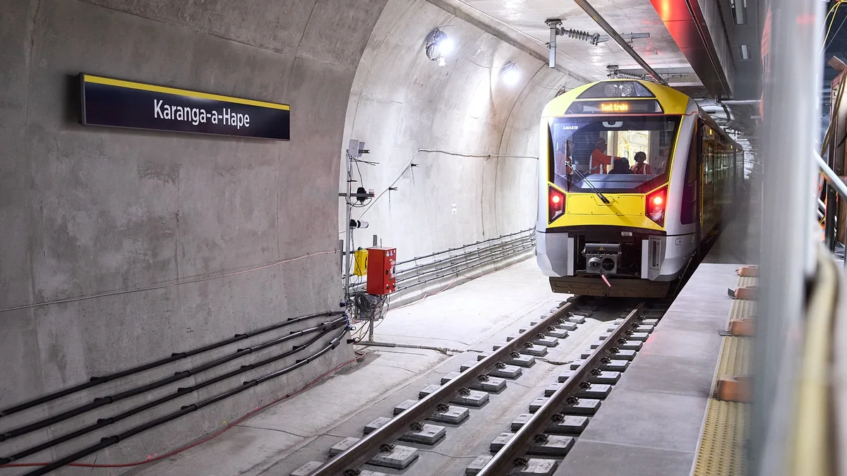 Auckland train at Karanga-a-Hape Station on the City Rail Link