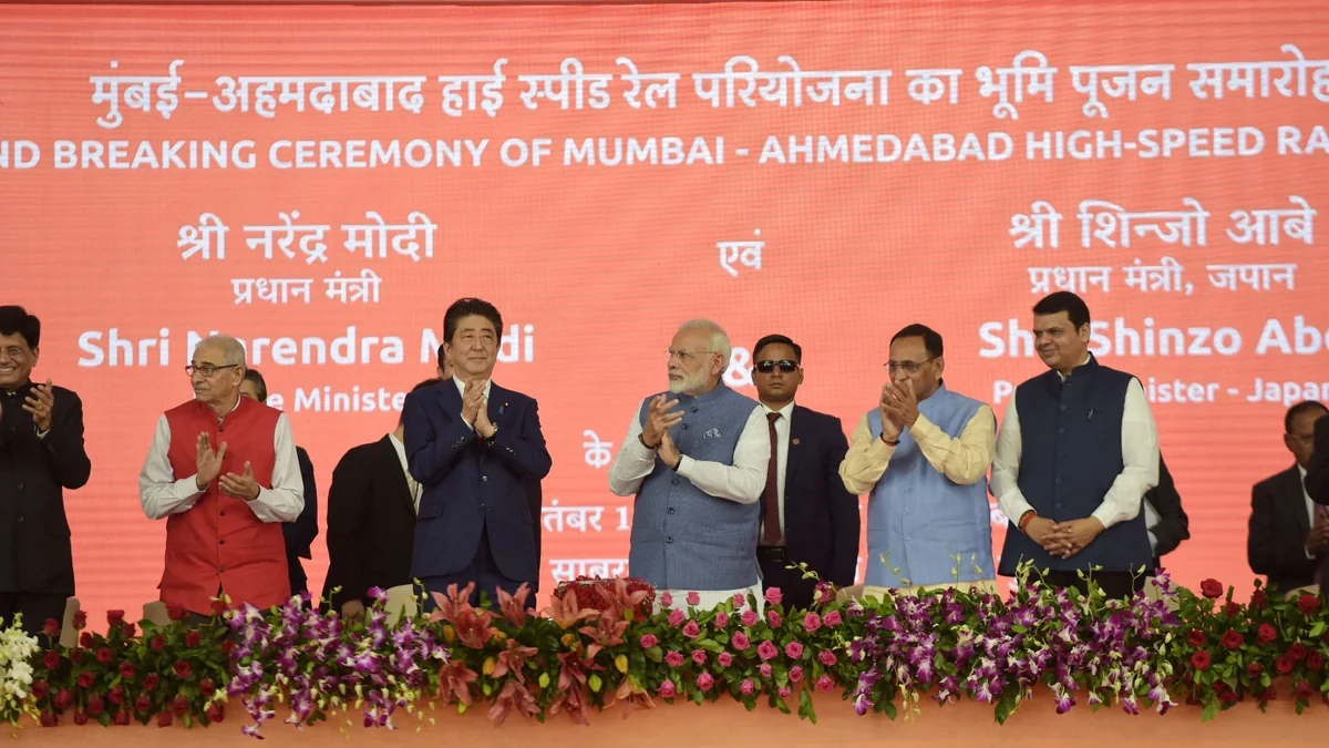 Narendra Modi and Shinzo Abe at the Mumbai-Ahmedabad high-speed rail groundbreaking ceremony