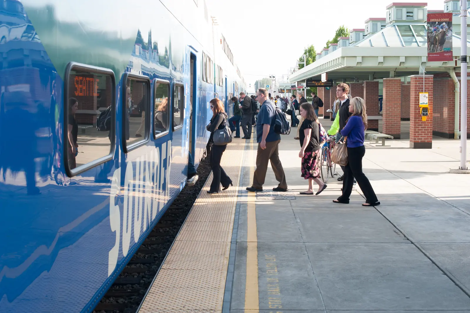 Passengers boarding a Sounder commuter train at Auburn Station in Washington state