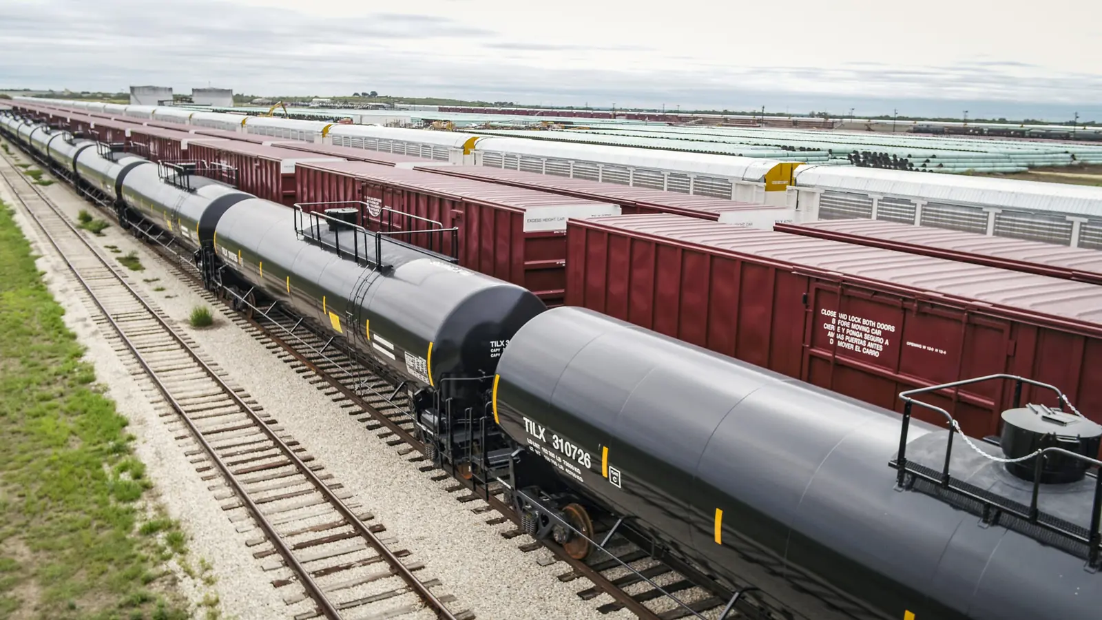TrinityRail freight cars on parallel rail yard tracks