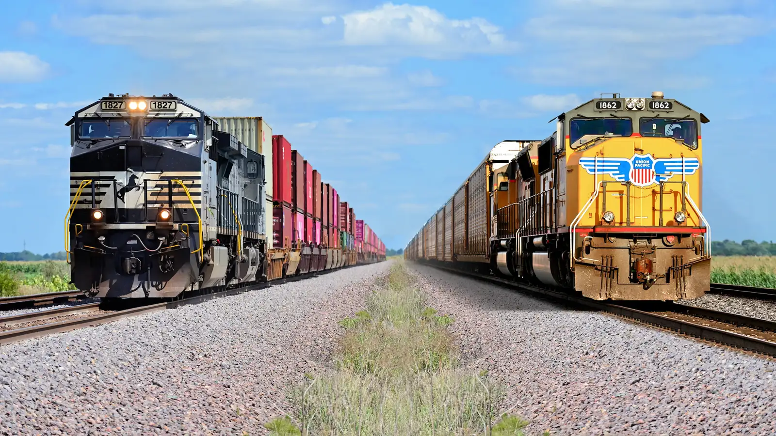 Norfolk Southern and Union Pacific locomotives with freight trains on parallel tracks