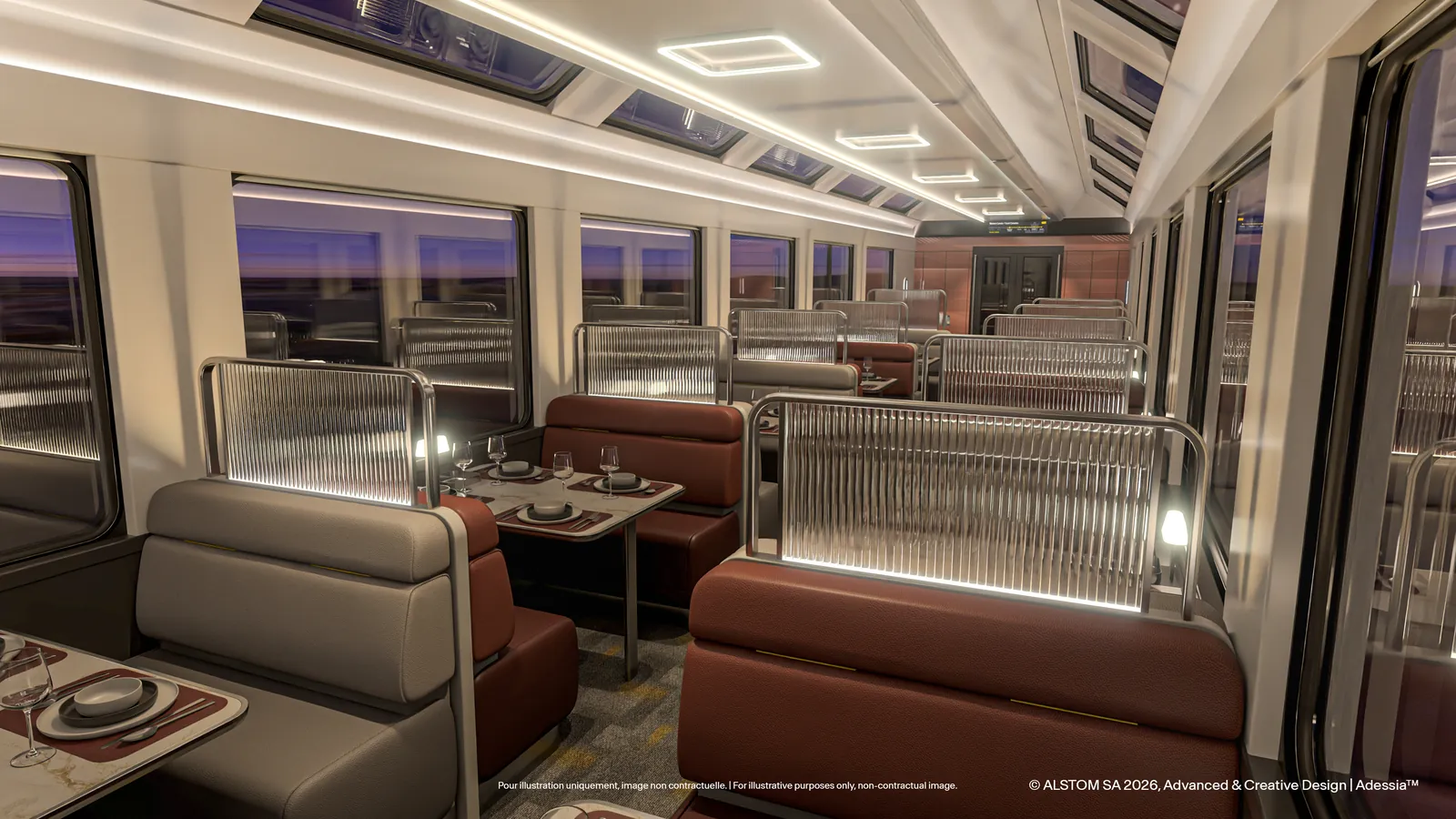 Official rendering of a VIA Rail dining-car interior with booths, tables and large windows