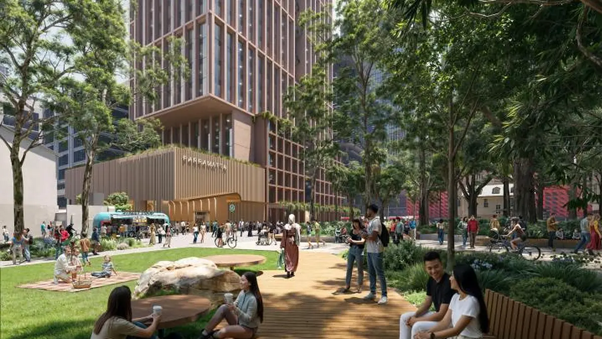 Rendering of Parramatta metro station entrance beside the landscaped mixed-use precinct