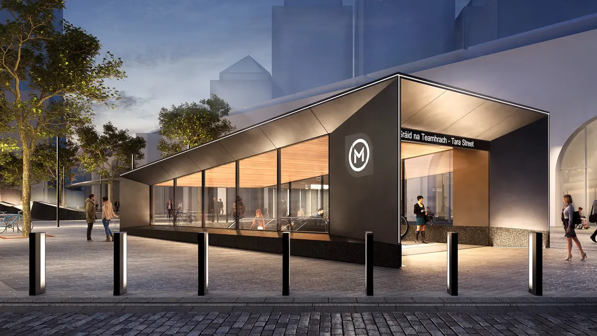 Official rendering of the MetroLink entrance at Tara Street in Dublin at night