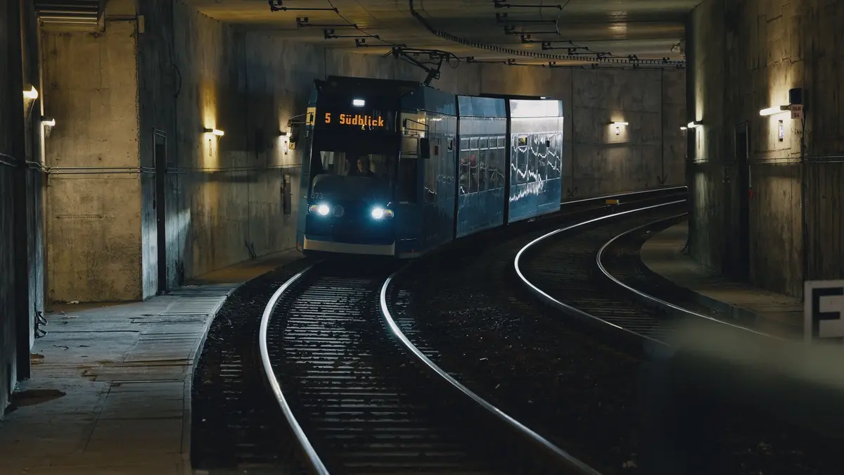 RSAG tram 673 on route 5 travelling through the tunnel beneath Rostock Central Station