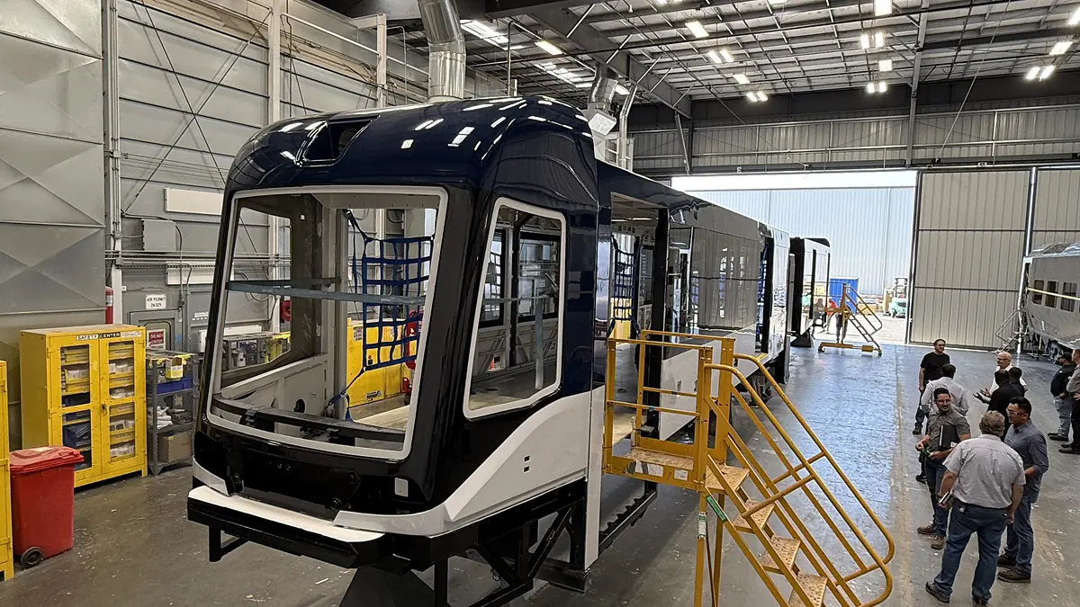 Overhead view of GCRTA’s painted new railcar shell during inspection