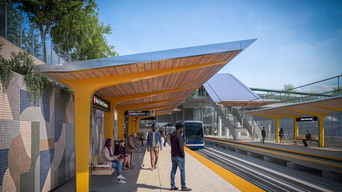 Interborough Express vehicle beside an accessible New Utrecht Avenue platform in an official rendering