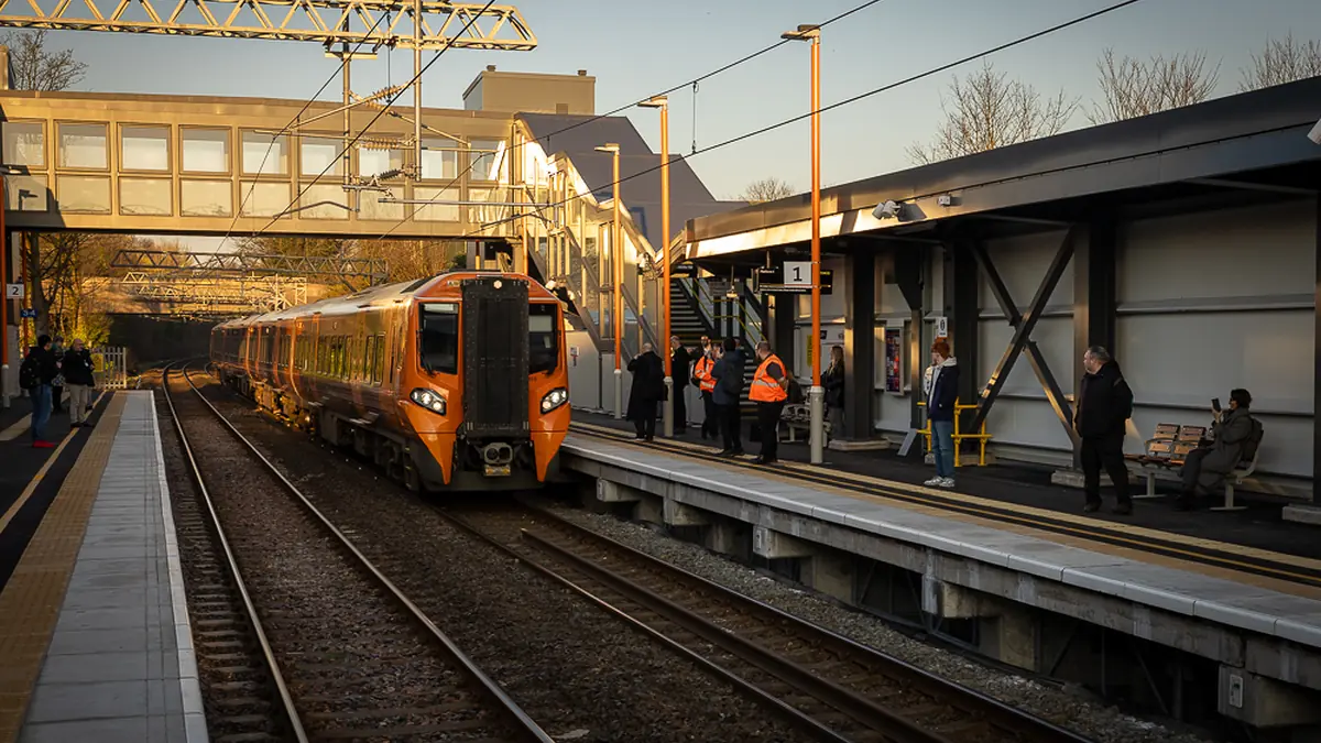 A West Midlands Railway train arriving at Willenhall station