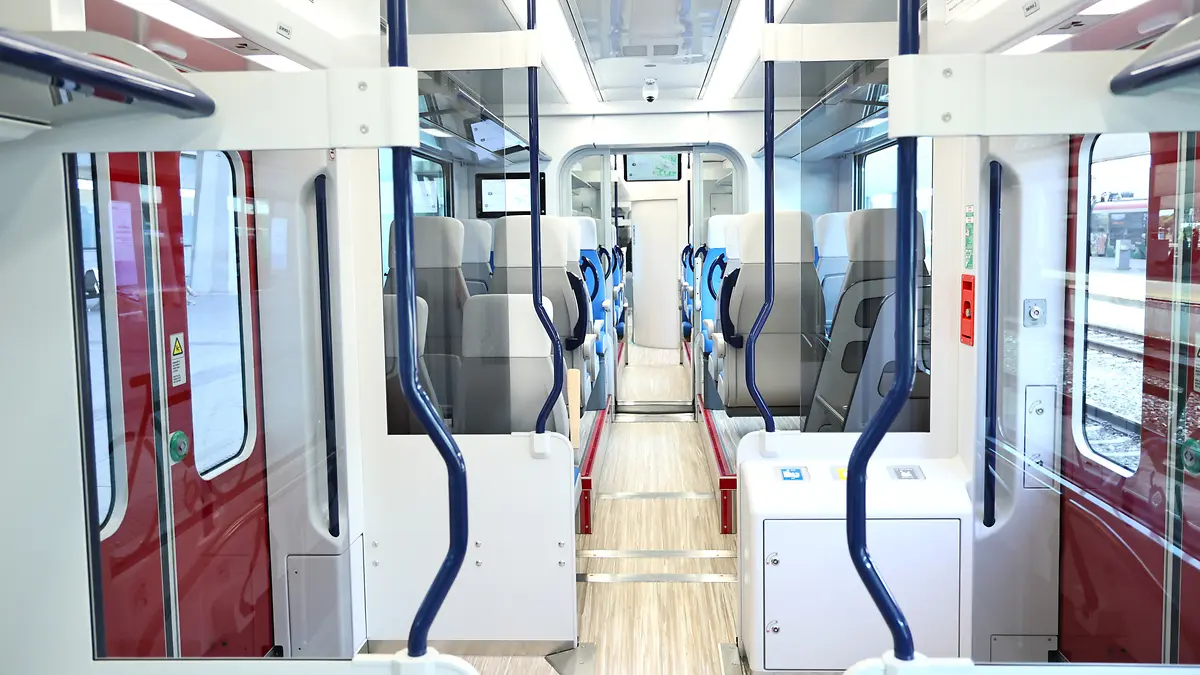 Second-class passenger saloon inside a Bulgarian Coradia Stream EMU