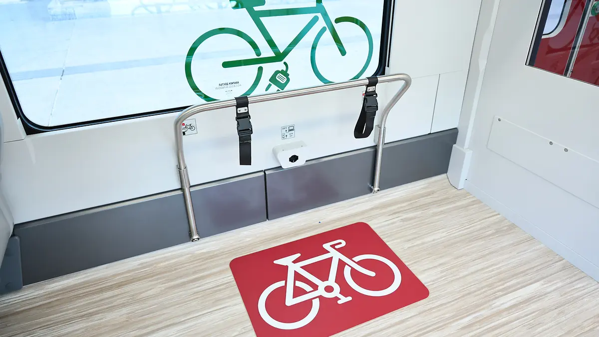 Bicycle storage area with securing straps inside a Bulgarian Coradia Stream EMU