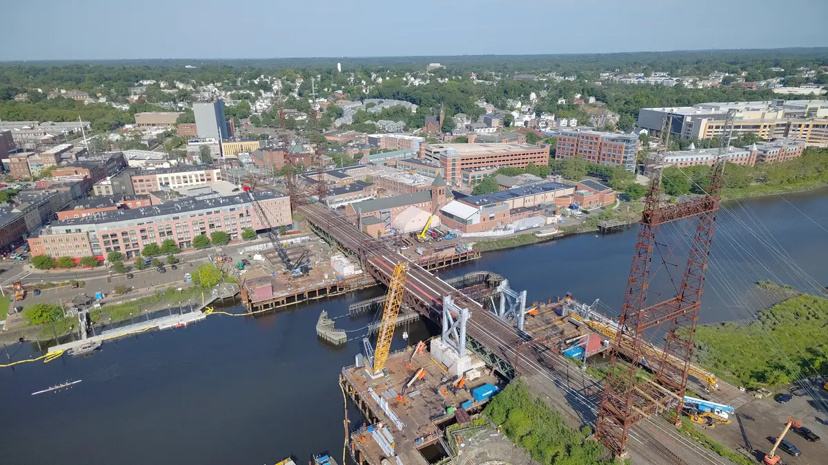 Aerial view of WALK Bridge construction over the Norwalk River in Norwalk