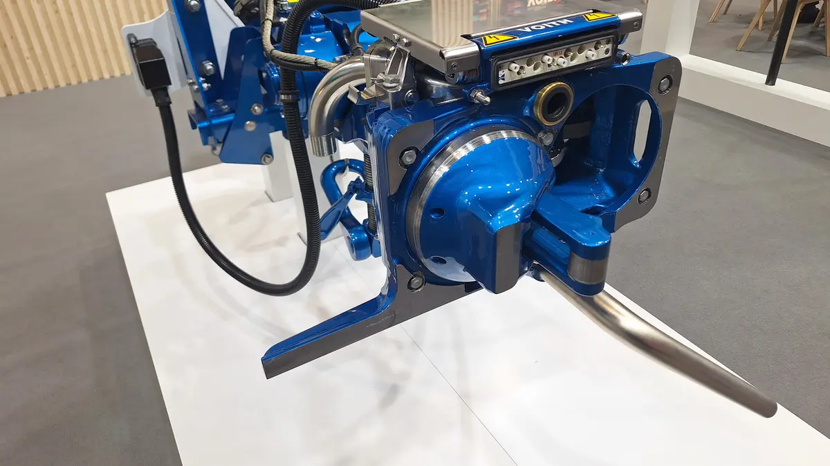 Blue Voith CargoFlex Hybrid digital automatic coupler displayed at InnoTrans 2024