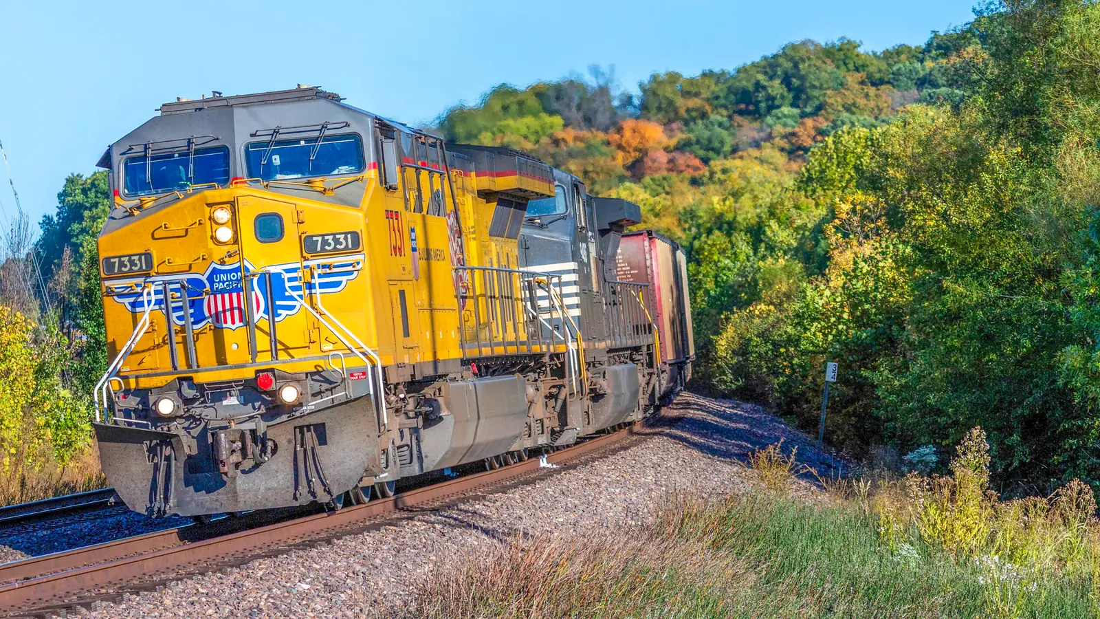 Union Pacific and Norfolk Southern locomotives traveling through a wooded landscape