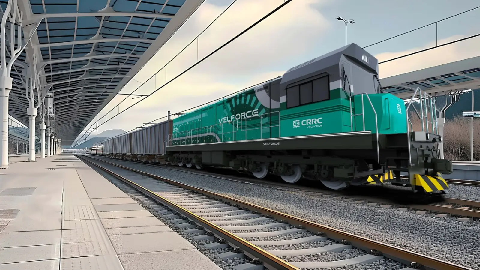 Green CRRC hydrogen fuel cell hybrid locomotive in an official InnoTrans 2026 rendering