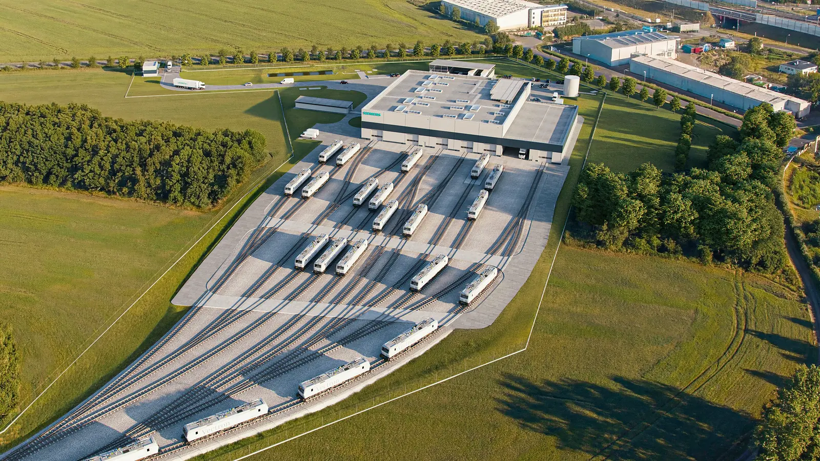 Aerial rendering of the Siemens Mobility locomotive depot planned at Gądki near Poznań