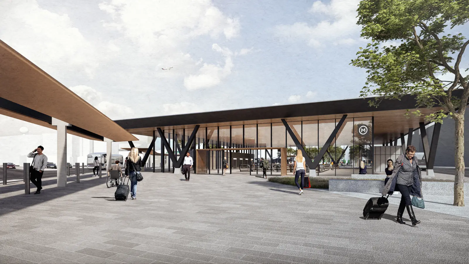 Dublin MetroLink station entrance at Dublin Airport in an official project rendering