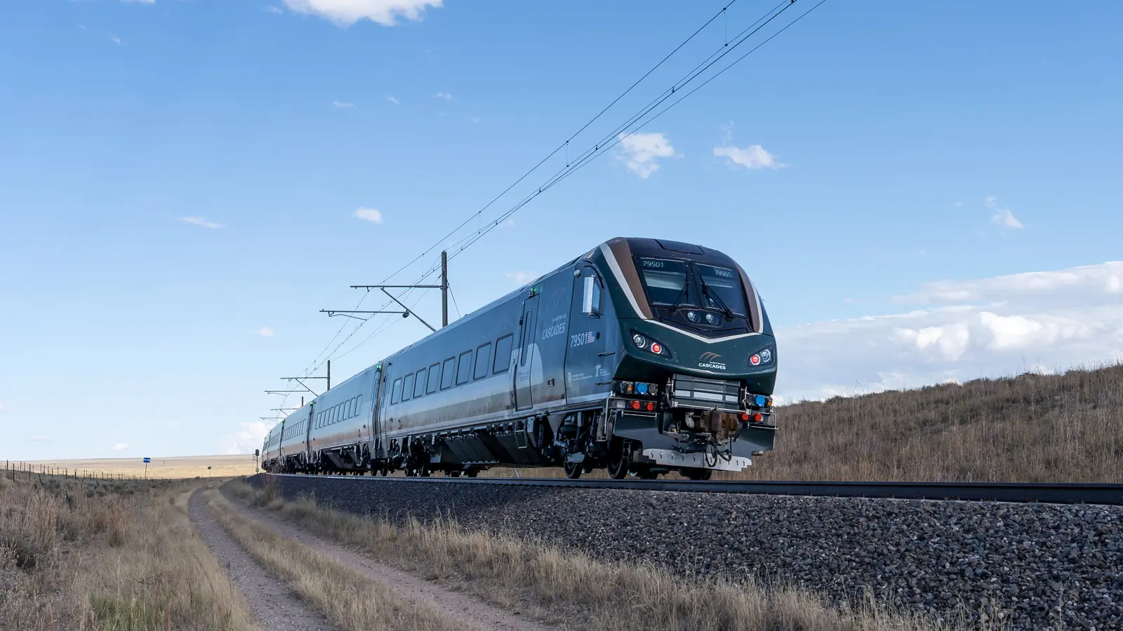 Amtrak Cascades Airo trainset undergoing testing on an electrified test track