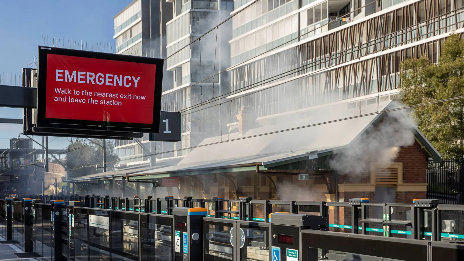 Emergency warning display and simulated smoke on a Southwest Metro platform at Canterbury Station