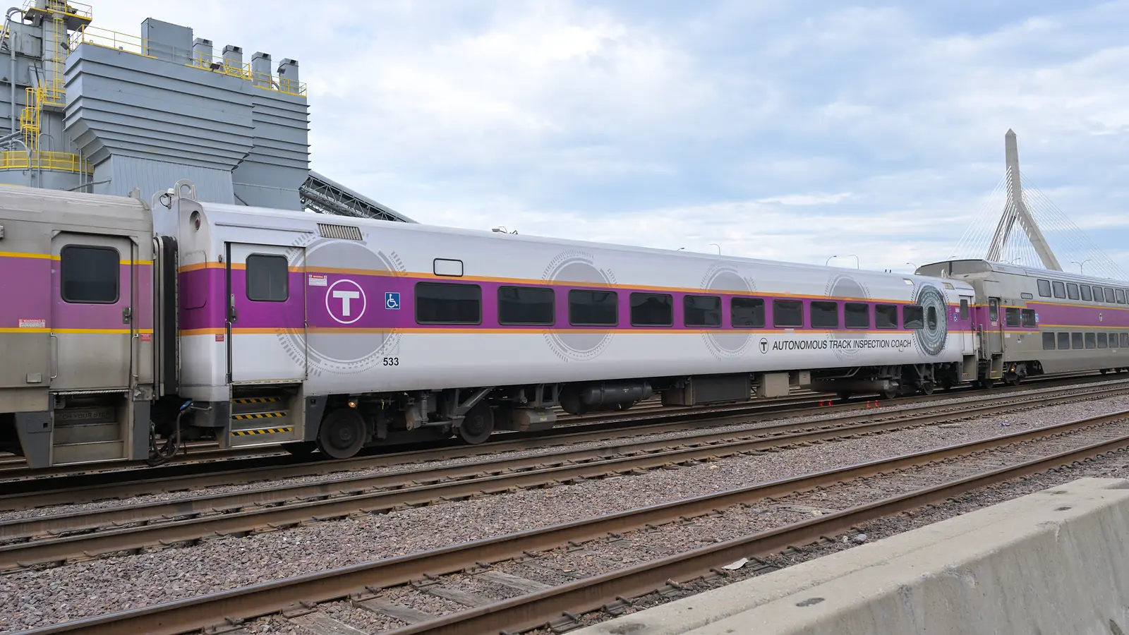 MBTA autonomous track inspection car 533 on a train near Boston.