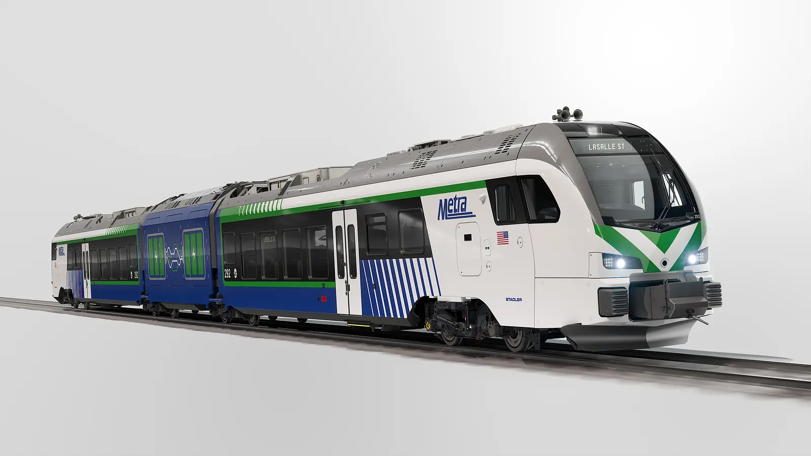 Metra battery-electric FLIRT trainset in blue, green and white livery