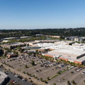 Aerial view of Alderwood Mall and surrounding roads at the West Alderwood station alternative area