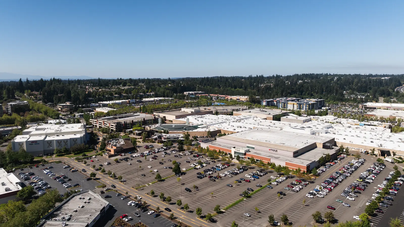 Aerial view of Alderwood Mall and surrounding roads at the West Alderwood station alternative area