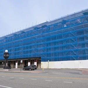New Haven Union Station covered in blue scaffolding during exterior renovation work