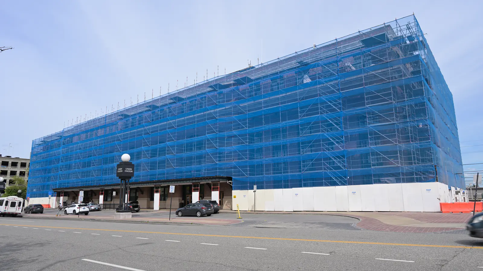 New Haven Union Station covered in blue scaffolding during exterior renovation work