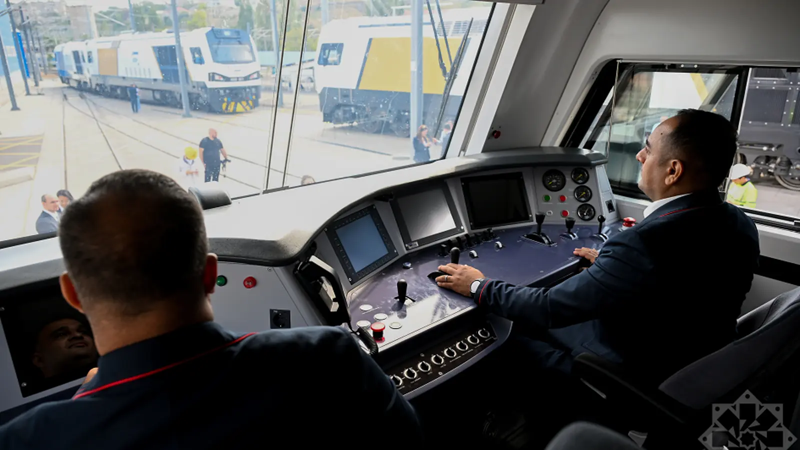 Inside the driver’s cab of an AC50 freight locomotive in Baku