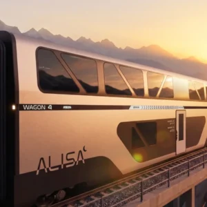 ALISA night train concept with double-deck carriages crossing a viaduct at sunset