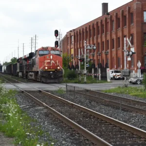 CN freight train approaching a railway crossing in Brampton, Ontario
