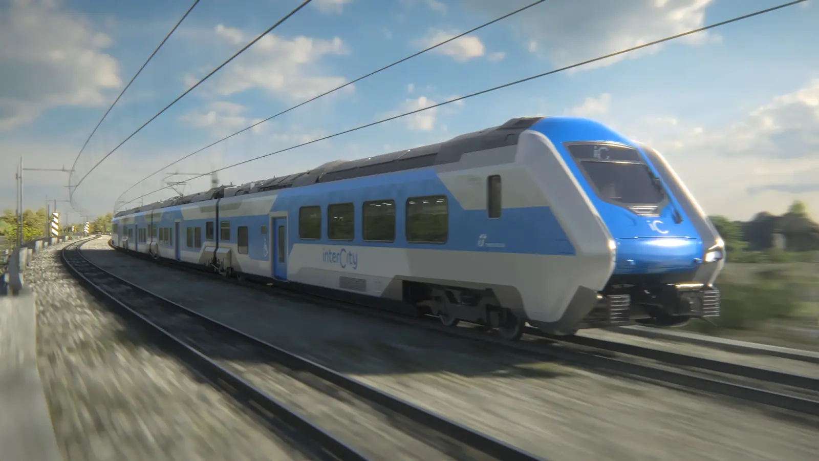 Official rendering of a blue-and-white Hitachi Rail BEMU Intercity train travelling under overhead wires
