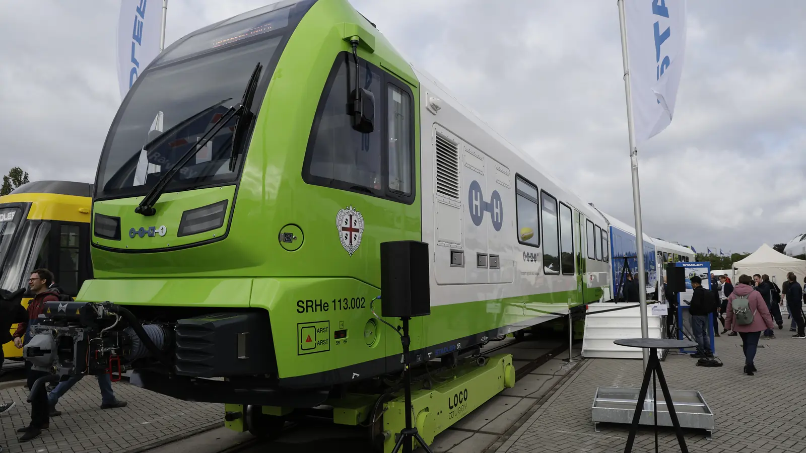 Stadler narrow-gauge hydrogen train displayed outdoors at InnoTrans
