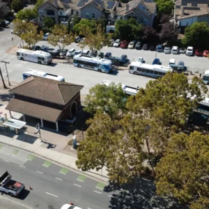 Aerial view of Alum Rock Station beside the Eastridge light rail extension tie-in