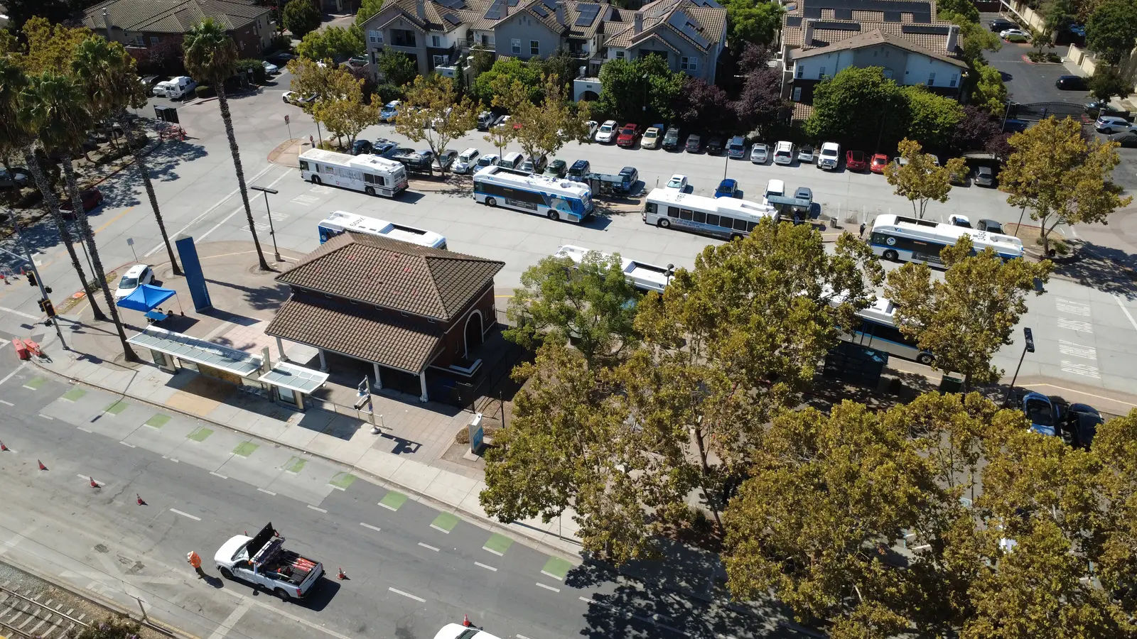 Aerial view of Alum Rock Station beside the Eastridge light rail extension tie-in