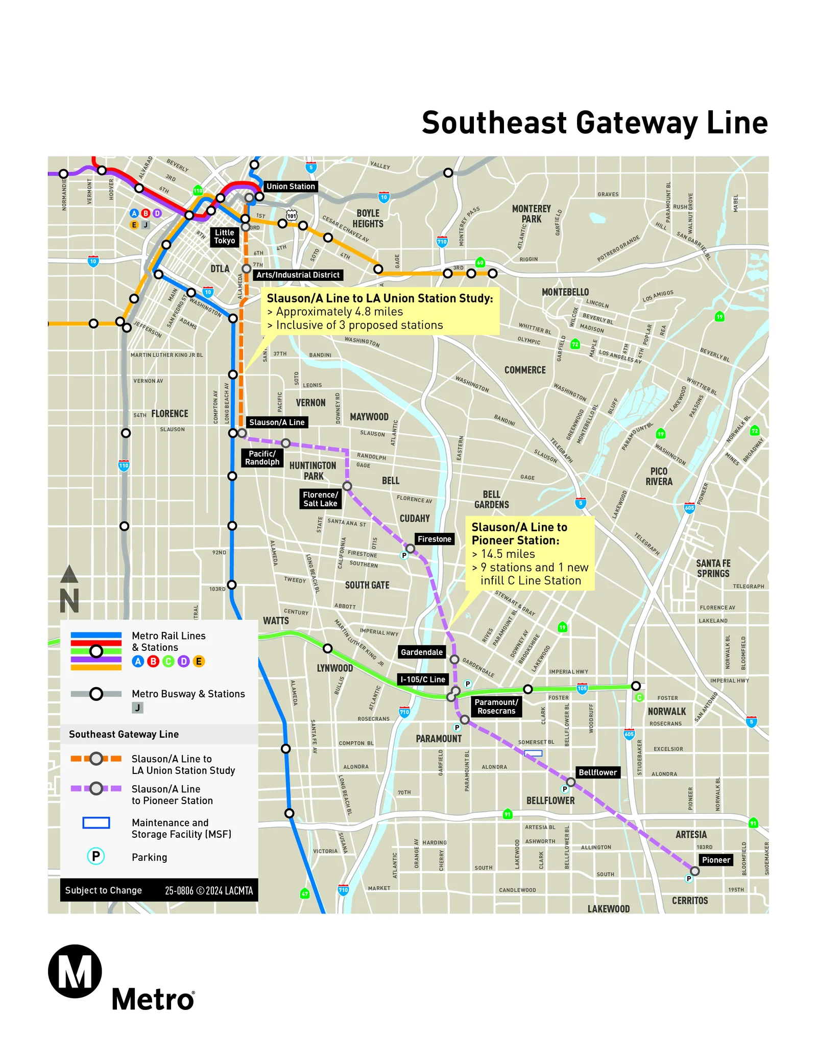 Southeast Gateway Line map showing the Pioneer segment and Union Station study alignment
