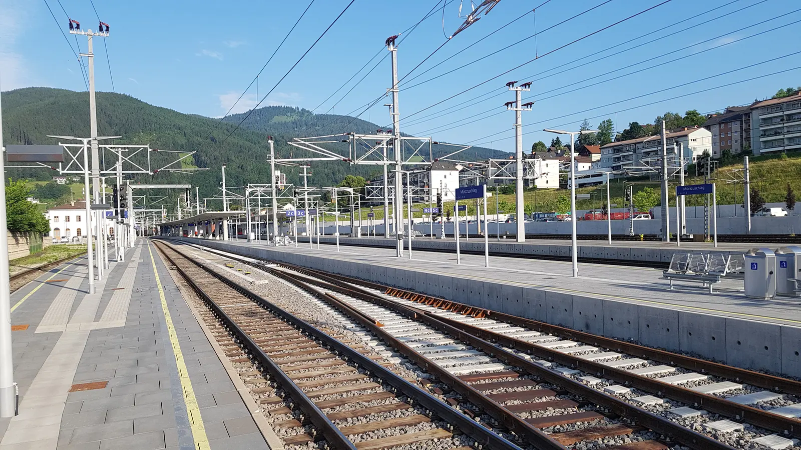Rebuilt platforms and railway tracks at Mürzzuschlag station in Austria