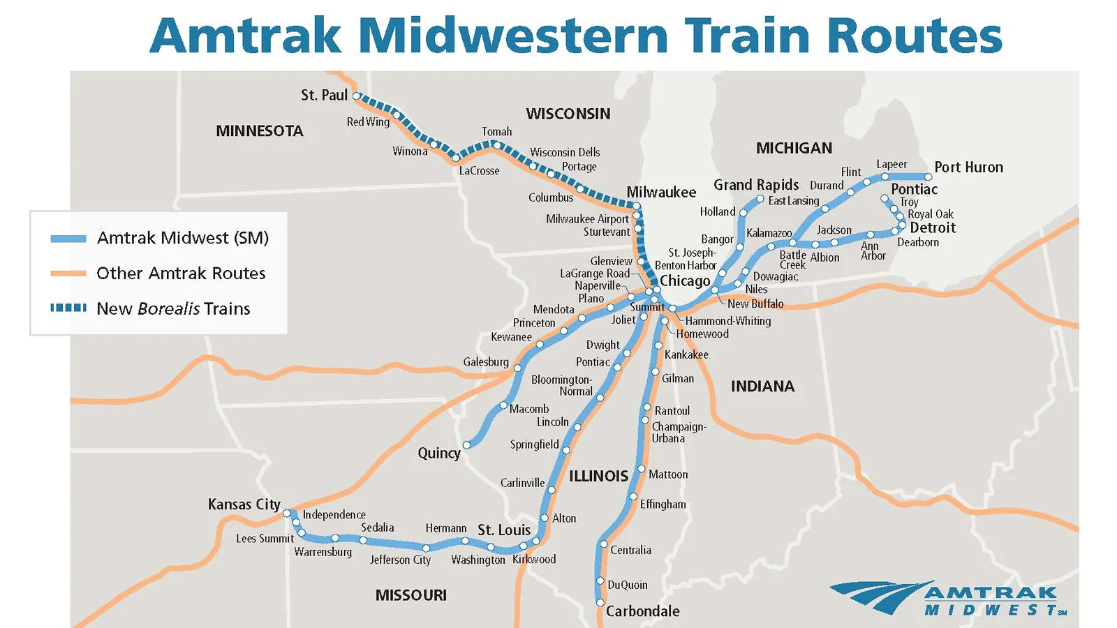 Map of Amtrak Midwest routes highlighting Borealis between St. Paul and Chicago